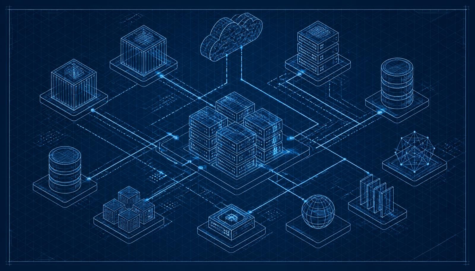 Blueprint diagram of application services, databases and network connections in a distributed system