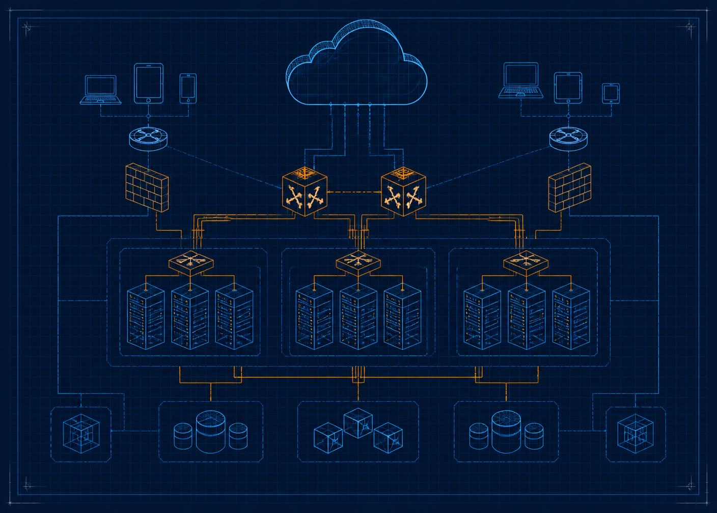 Blueprint schematic of a cloud hosting topology with firewalls, switching layers, server racks and storage clusters