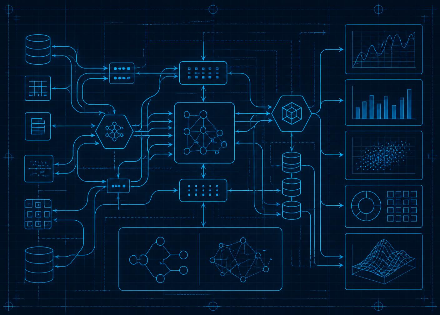 Blueprint of a data pipeline linking source systems, transformation stages, storage and reporting outputs