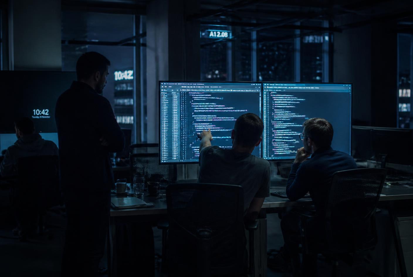 Software engineers discussing code changes on screen during a review session