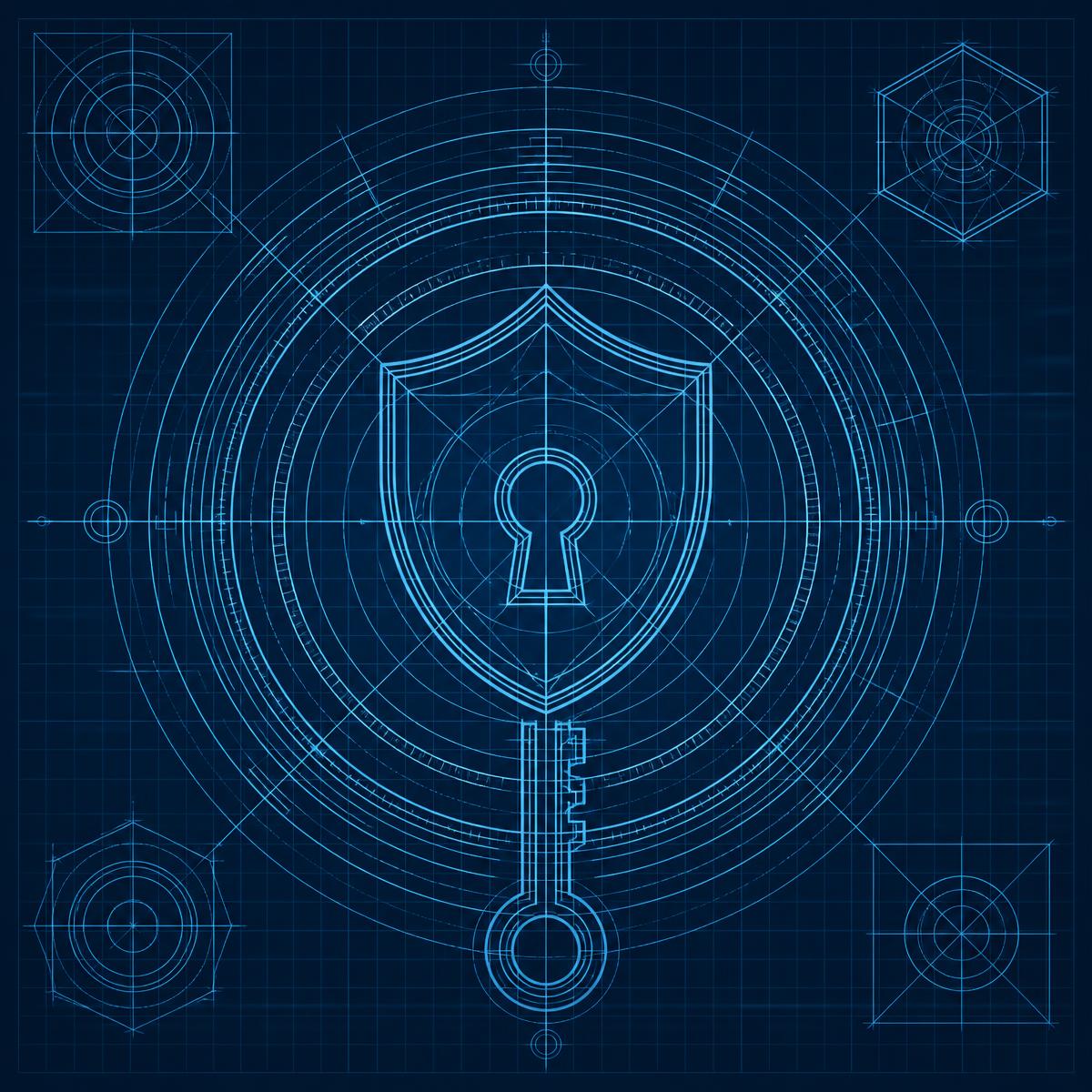 Technical blueprint illustration of layered security controls drawn as concentric engineering rings