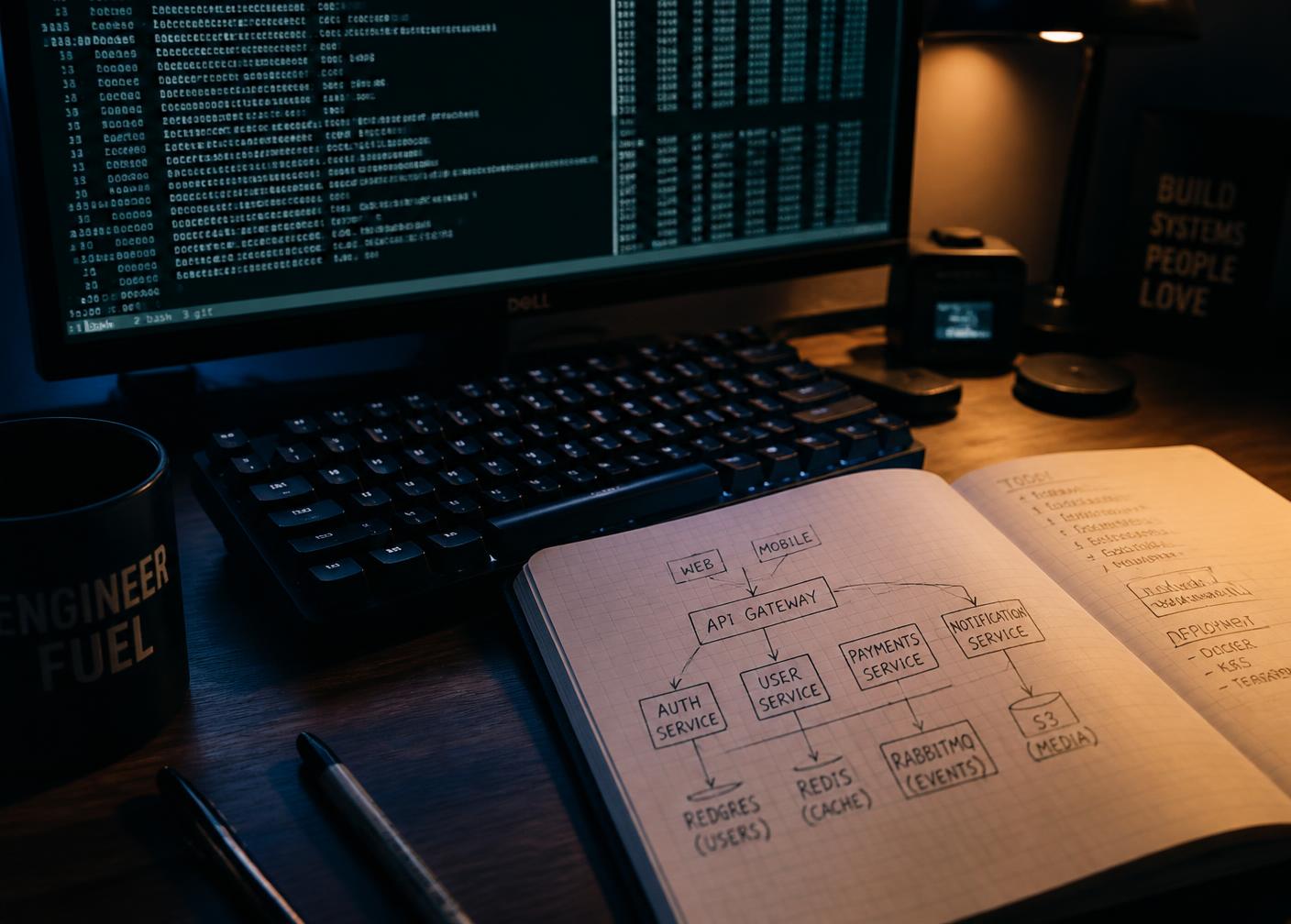 Notebook with hand-drawn service diagrams open beside a keyboard and terminal at an engineer's desk